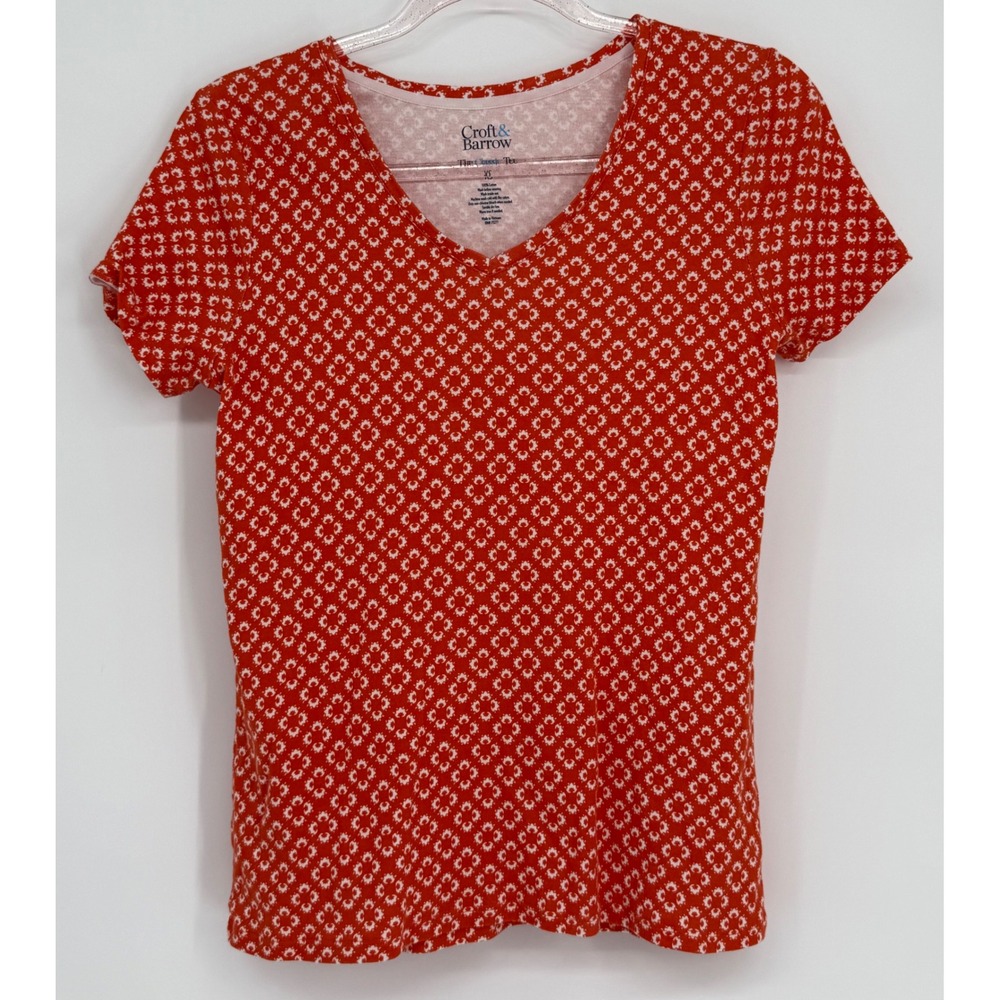 Croft & Barrow Womens Red White Geometric Floral V-Neck Cotton Classic Tee Sz XS